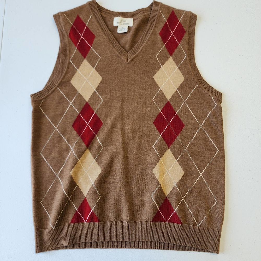 Brooks Brothers Brown Argyle Knit Sweater Vest with Red and Cream Diamonds